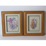 A pair of contemporary floral decoupage within pine frames, each measuring 28 x 23cm overall.