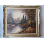 A contemporary oil on canvas of a river in forest at Autumn,