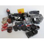 A quantity of camera equipment inc lenses by Sirius, Vivita, Prinzflex, a Sumpak Auto114 flash, etc.