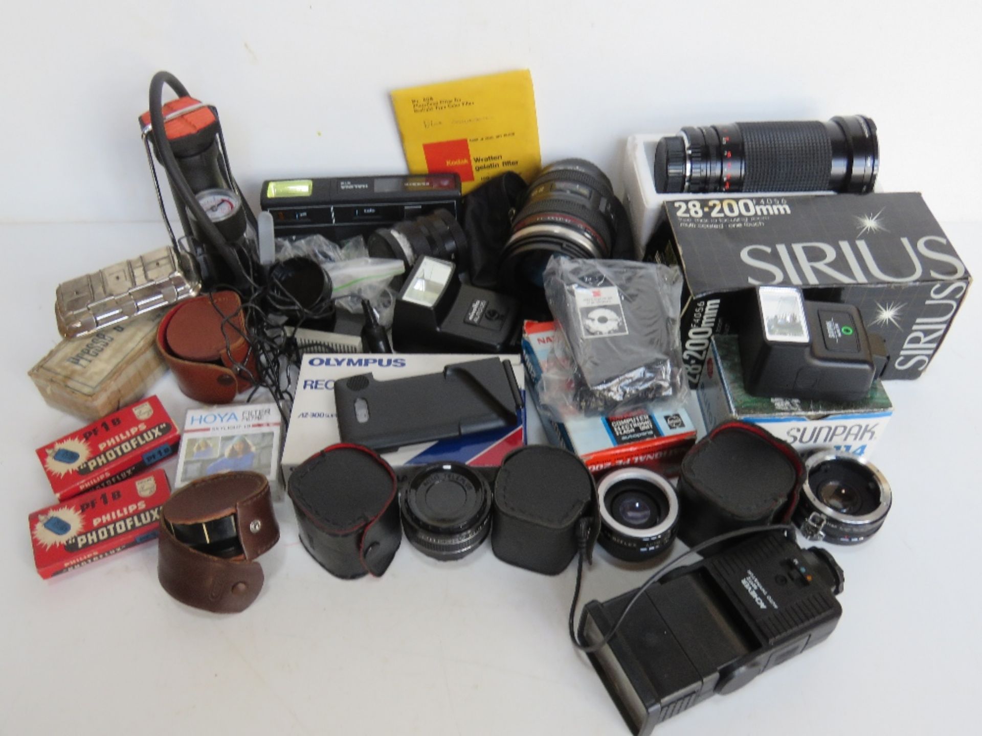 A quantity of camera equipment inc lenses by Sirius, Vivita, Prinzflex, a Sumpak Auto114 flash, etc.