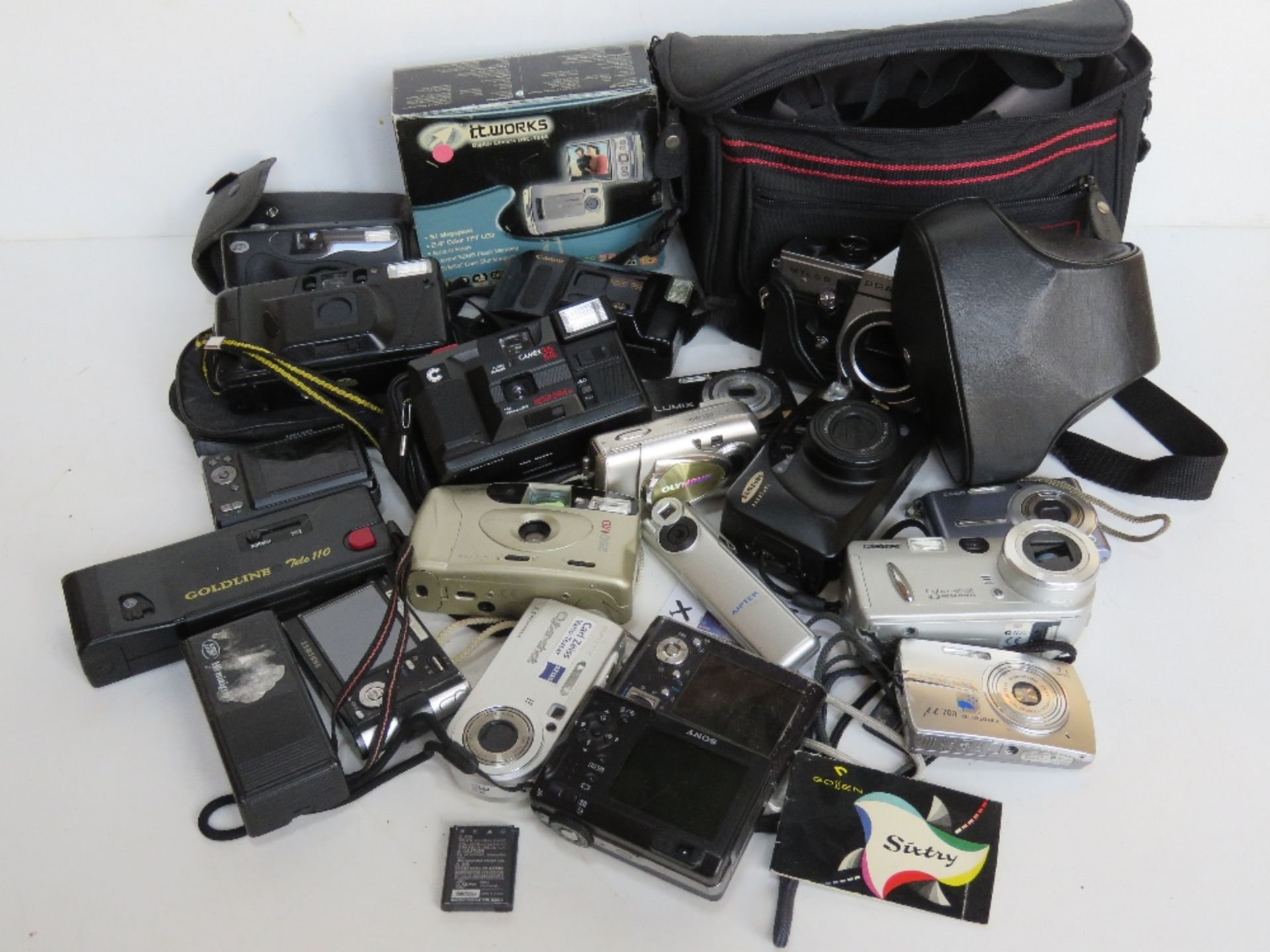 A quantity of assorted cameras and accessories inc Sony CyberShot Praktica MTL5B, Goldline Tele 110,