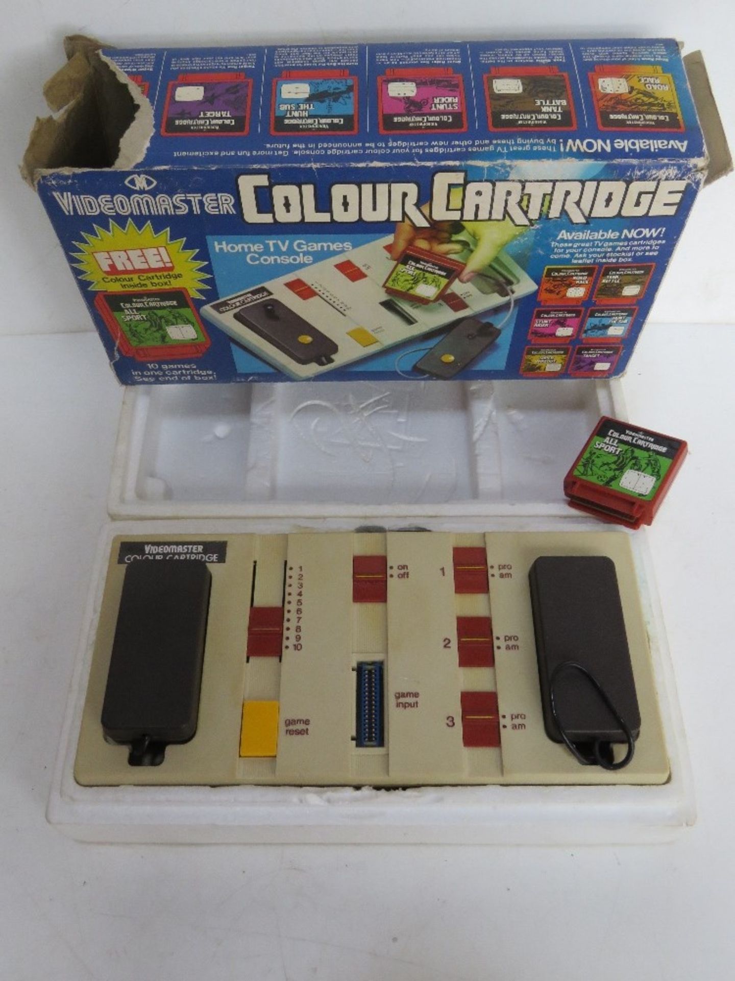 A vintage boxed Videomaster colour cartridge video game. Box a/f.