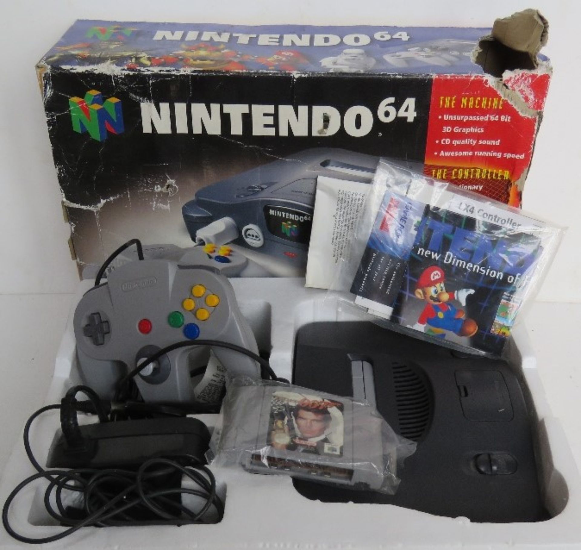 A Nintendo 64 in original box with controller and GoldenEye 007 game. Box a/f.