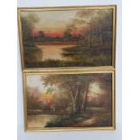 A pair of oil on canvas forest scenes, each signed indistinctly lower right.