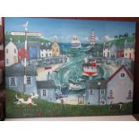 Hand embellished giclee canvas print of a Peter Adderley seaside harbour scene. Details verso.