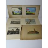 Six assorted paintings and prints including early 20th century cartoon.