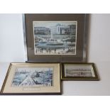 Three Lowry prints including Canal Bridge in various frames, smallest 21.5 x 16.5cm overall.