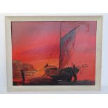 A contemporary 3D effect acrylic on board of a fishing boat at sunset, framed, overall size 71.