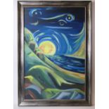 A contemporary impressionist acrylic on canvas of a sunset over river and mountains, framed,