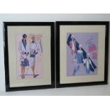 A matched pair of Art Deco style fashion prints in black gloss frames measuring 34 x 40.5cm and 29.