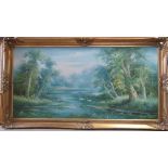 A large contemporary oil on canvas of a river in forest with pair of swans upon, signed R Daufoad.