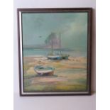 Oil on canvas; Beached fishing boats with sea beyond, tear noted to canvas, framed,