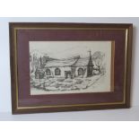 A signed print of a pen sketch by E Finn featuring church with woodland beyond,