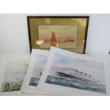 A maritime print, framed and glazed, together with three prints of the Titanic.