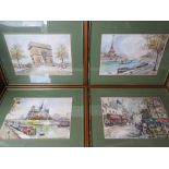 A set of four city scene prints including Arc de Triomphe, Eiffel Tower, etc, in matching frames,