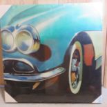 A contemporary canvas print of a teal and white 1950s style car measuring 59.5 x 59.5cm.