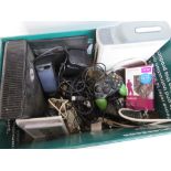 A large box of assorted electricals including Xbox and Xbox 360 consoles, speakers, controller,
