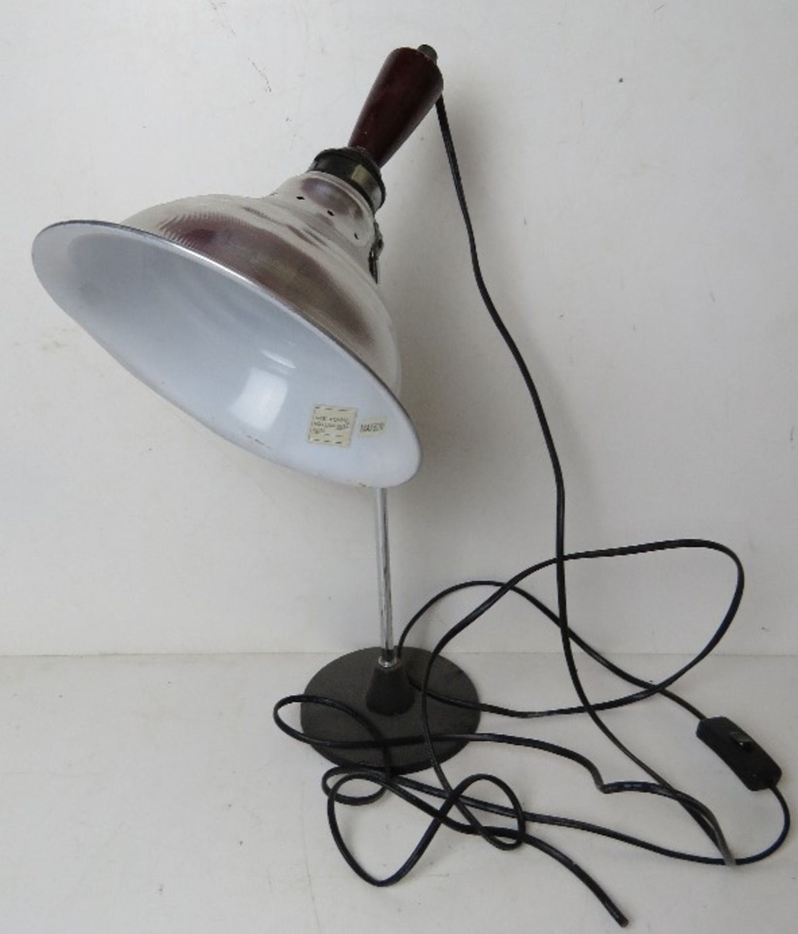 A vintage lab-type lamp having wooden handle. For re-wiring.