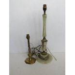 A brass candlestick type lamp and an onyx lamp. Both for rewiring.