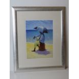 Print; man contemplating the sea sat under a broken umbrella, framed and glazed, overall size 46.