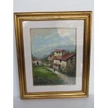 Oil on canvas of an Italian mountainside village having indistinct signature lower right,