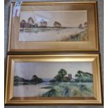 Two watercolours of riverside themes each having church to background and each signed lower left F