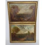 A pair of oil on canvas painting of countryside scenes with mountains beyond,