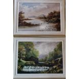 A pair of oil on board paintings, one being a loch with mountains beyond,
