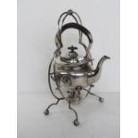 A silver plated teapot with stand and spirit burner, a/f.