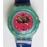 A Scuba 200 Swatch watch in Happy Fish pattern, original packaging, new battery within box.