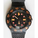 A Scuba 200 Swatch watch in Barrier Reef pattern, original packaging, new battery within box.