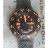 A Scuba 200 Swatch watch in Barrier Reef pattern, original packaging, new battery within box.