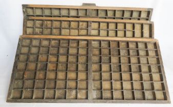 Three vintage wooden typesetting printers trays / drawers.