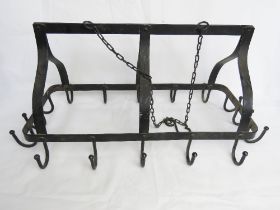 A wrought iron kitchen crown pot hanger complete with chain, approx 73 x 37cm,