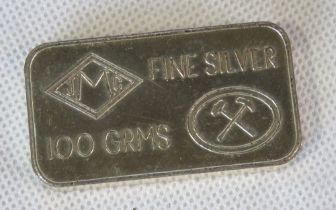 A 100GRMS Fine Silver bar / ingot 'Guaranteed by Johnson Matthey London'.