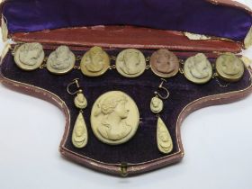 A superb suite of lava cameo jewellery comprising bracelet, brooch and earrings,