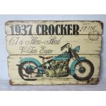 A contemporary printed wooden motorbike themed sign