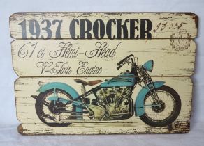 A contemporary printed wooden motorbike themed sign