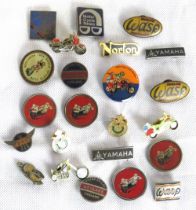 A quantity of assorted motorbike themed pin badges including BSA, Yamaha, Norton,