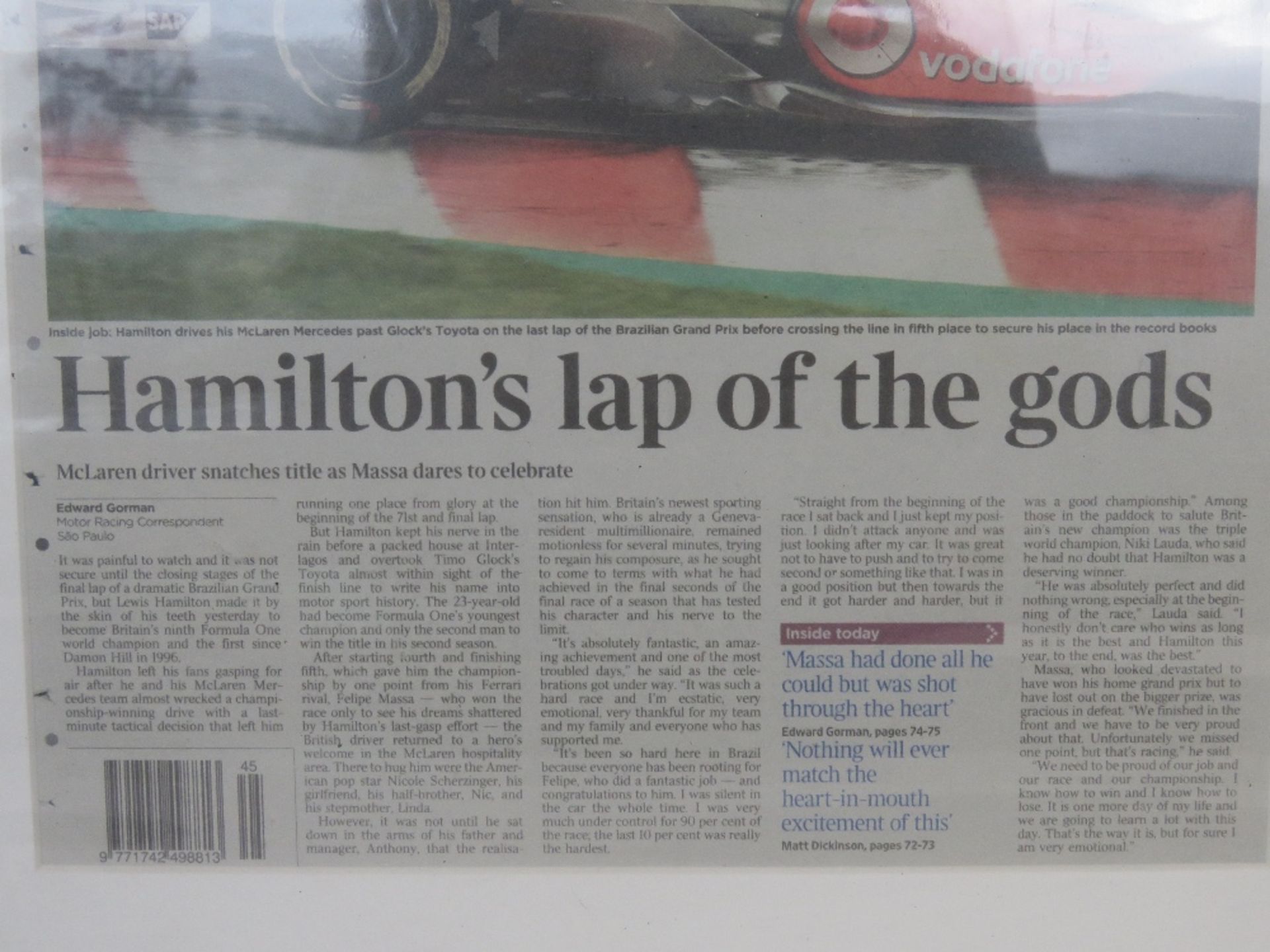 A framed F1 themed newspaper article 'Hamiltons lap of the gods'. - Image 2 of 2