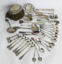 A quantity of assorted silver plated and white metal items including brush, apostle spoons, forks,