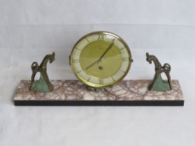 A French Art Deco marble mantle clock having pair of decorative cast metal animals upon,