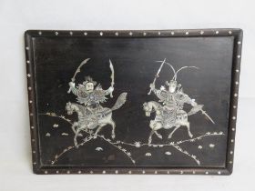 A Chinese hardwood tray inlaid with mother-of-pearl with warrior figures.