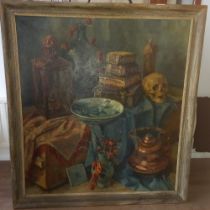 Dutch School oil painting, still life of dark academia gothic style, signed Kappers and dated '44.
