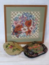 Two c1940s needlepoint evening bags together with a framed needlepoiint of flowers. Three items.