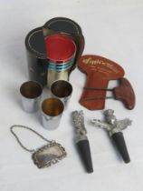 A quantity of drinking ephemera including Scottish thistle and bagpiper bottle stoppers,