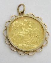 A 1914 Edwardian full sovereign (22ct gold) in hallmarked 9ct gold pendant mount, total weight 9.5g.