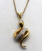A 9ct gold and diamond snake pendant on fine 9ct gold chain, within presentation box.