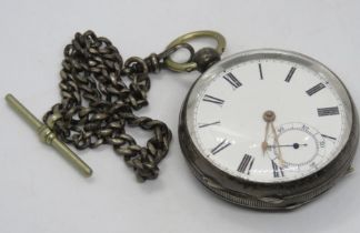 A hallmarked silver Waltham Mass, pocket watch having open face, white enamel dial,