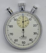 A Minerva chrome plated open face keyless wound stop watch.